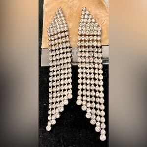 Genevieve VTG Silver Crystal Chandelier Runway Dangle Earrings 3" Surgical Steel